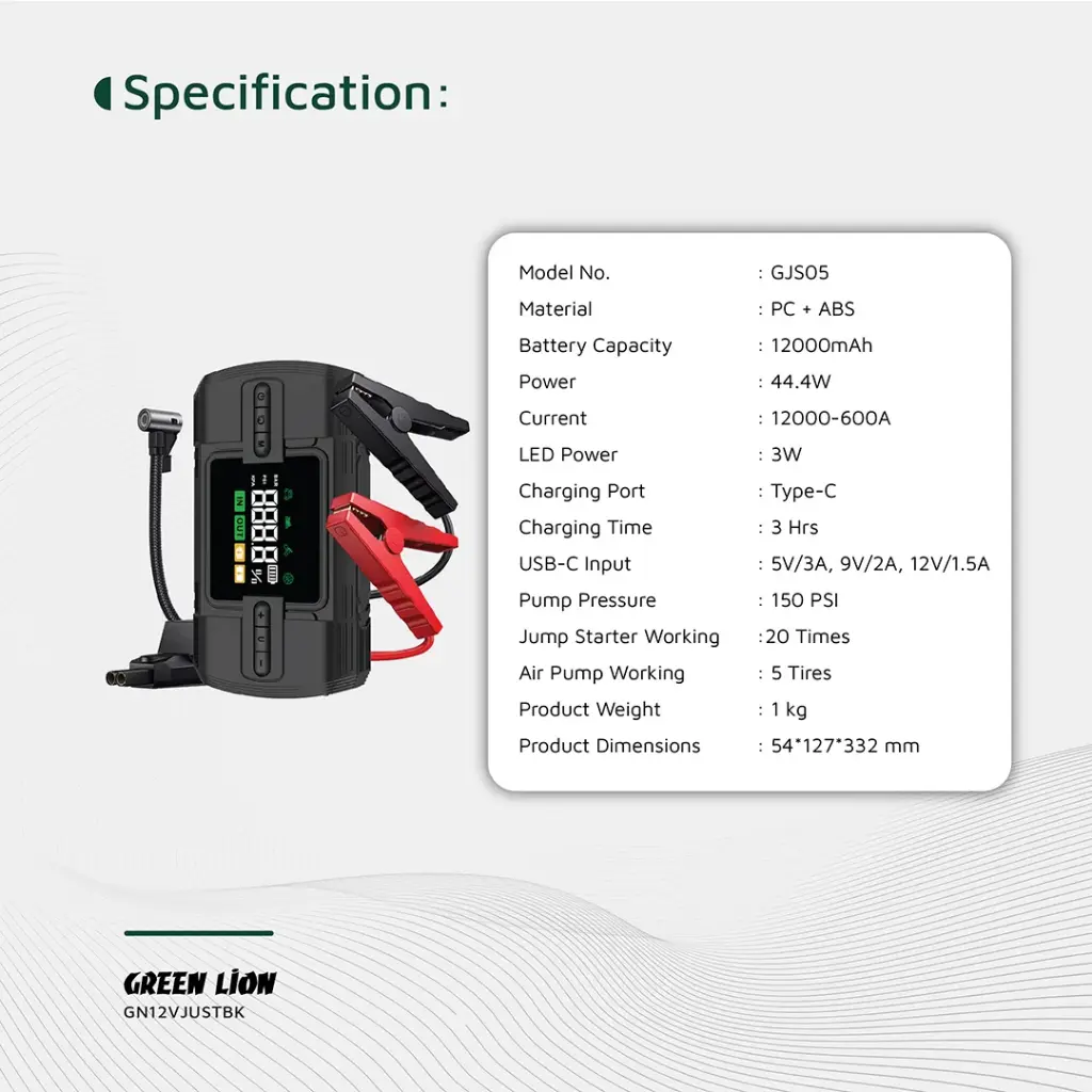 Green Lion 12V Jump Starter 12000 mAh – Black (4)