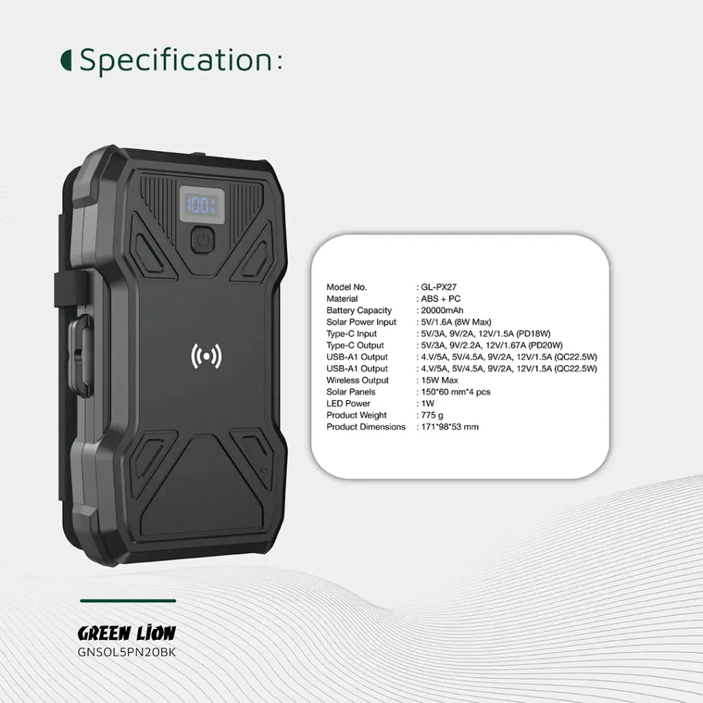 Green Lion Solar 5-Panel 20000mAh Power Bank PD20W – Black