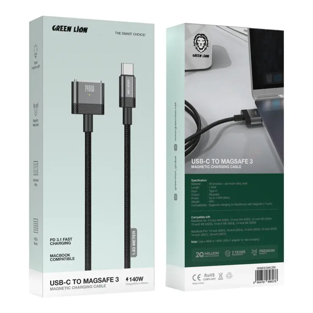 Green Lion USB-C to MagSafe 3 Magnetic Charging Cable – Black