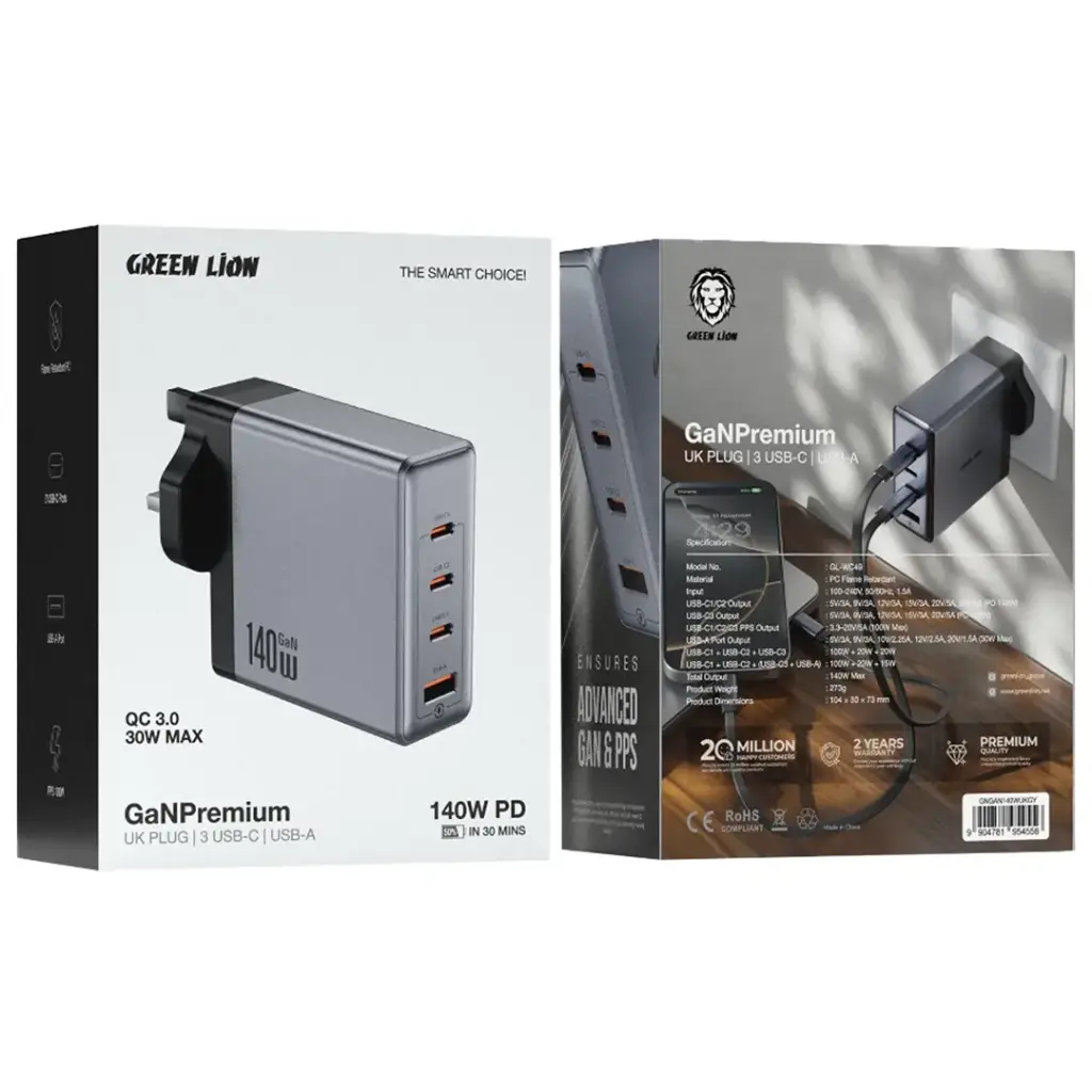 Green Lion GaN Premium UK Plug Wall Charger 140W – Gray