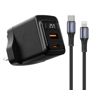 شاحن جداري ثنائي المنفذ بتقنية الجان مع كيبل لايتننج من بورودو (25 واط) | Porodo GaN 25W Dual-Port Wall Charger with lightning cable