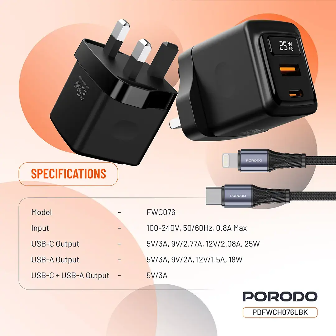 Porodo GaN 25W Dual-Port Wall Charger – Black (2)