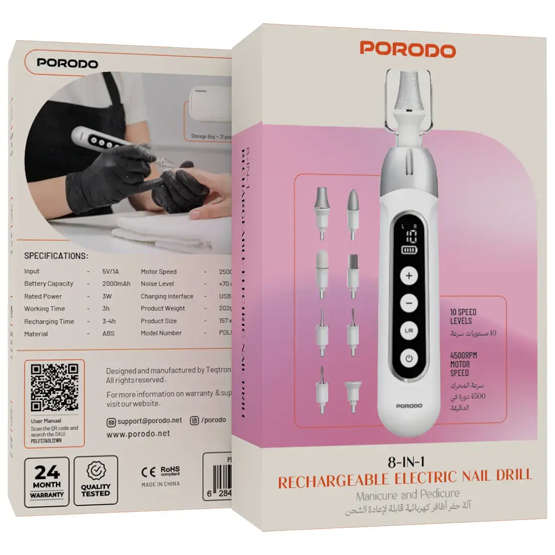 Porodo 8-In-1 Rechargeable Electric Nail Drill with Manicure and Pedicure – White