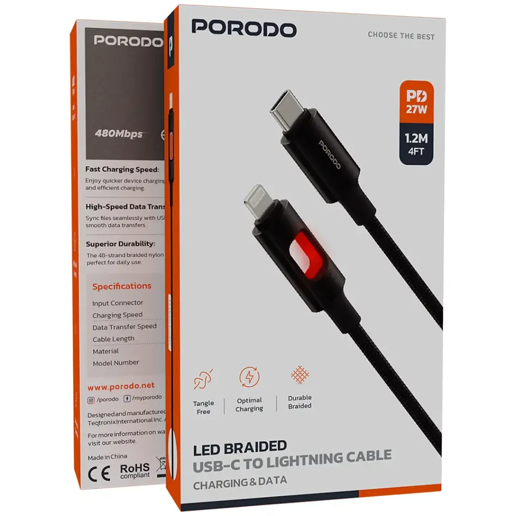 Porodo LED Braided USB-C to Lightning Charging & Data Cable – Black